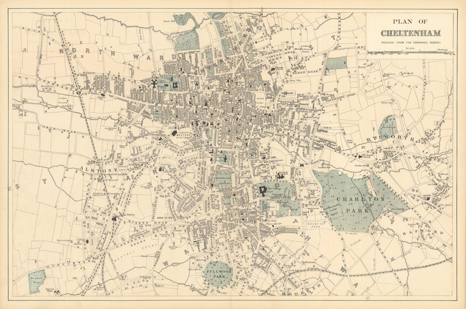 CHELTENHAM. inc Lansdown Fairview Montpellier. Town plan. GW BACON 1884 map